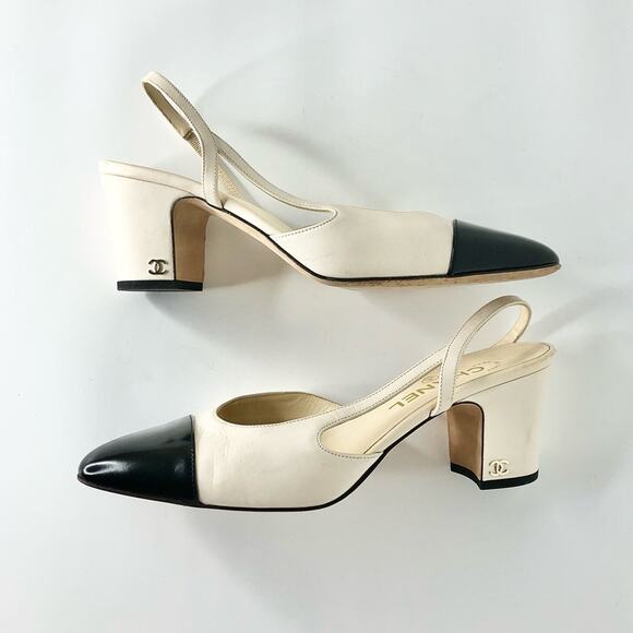 Chanel Interlocking CC Beige Glazed Calfskin Cap Toe Slingback Heeled Pumps 39 - Picture 5 of 14